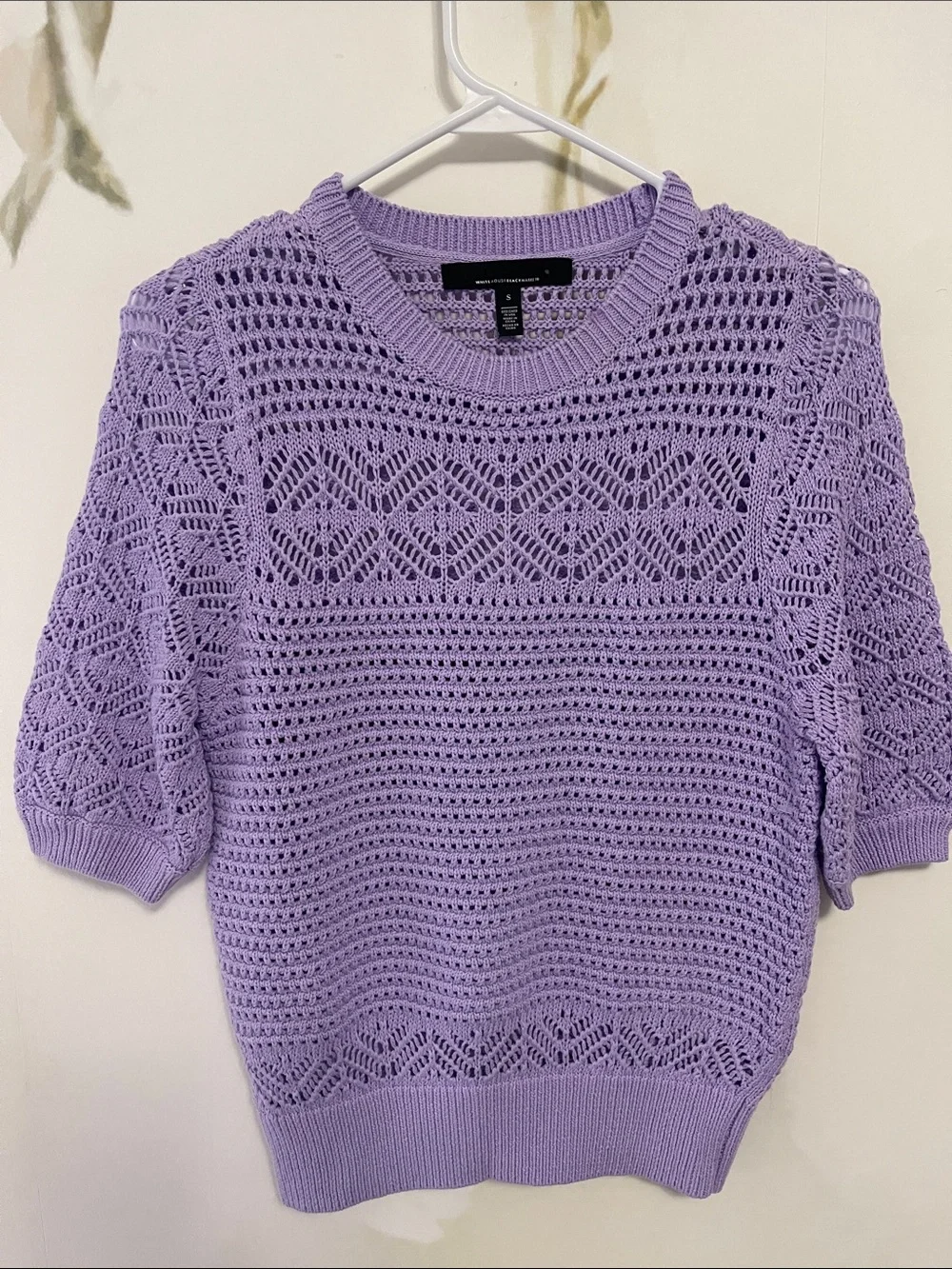 White House Black Market Lilac Puff Sleeve Pointelle Open Knit Sweater - Picture 8 of 9
